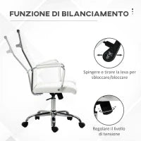 Sedia da Ufficio Ergonomica in Finta Pelle, Seduta Girevole e Dondolo, 54x62x104-114 cm, Bianco