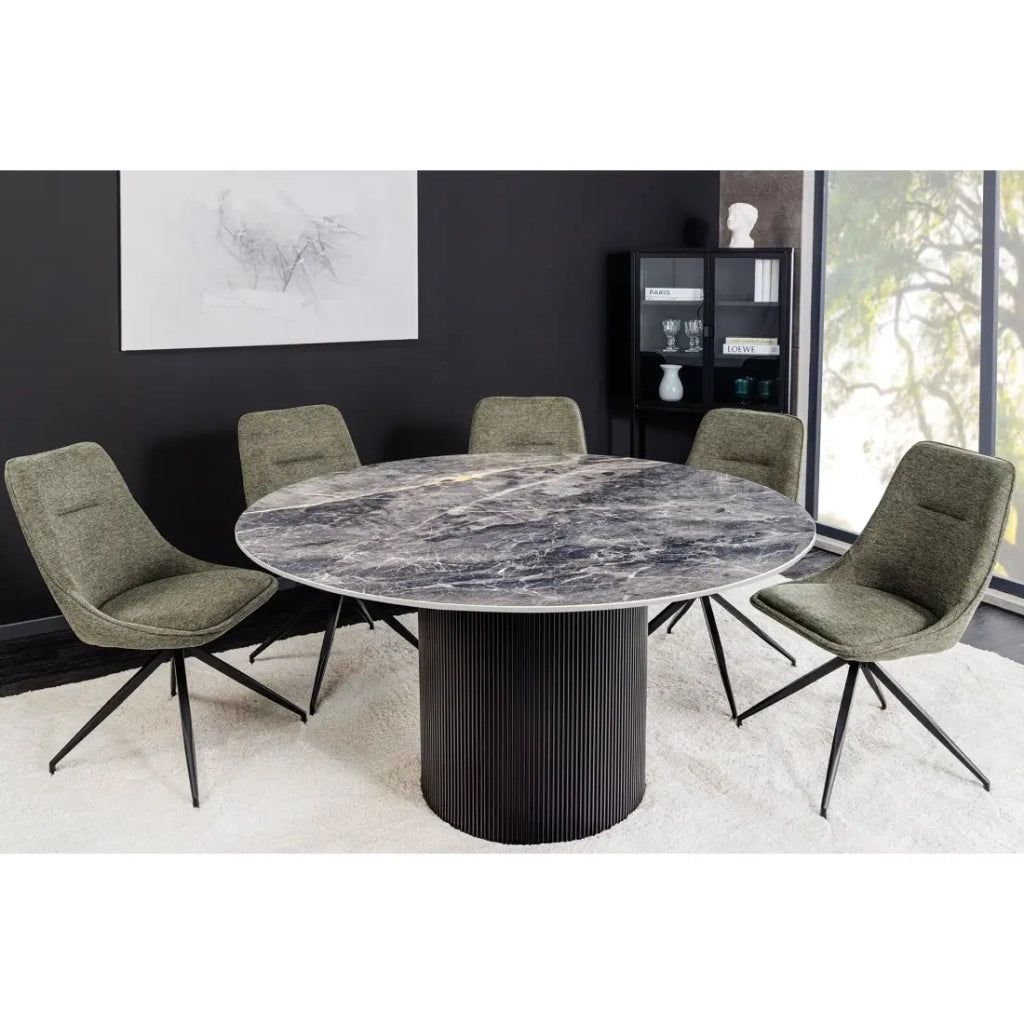 Tavolo da pranzo LUMEA – Rotondo 120 cm – Effetto marmo grigio scuro – Piede centrale largo – Stile contemporaneo