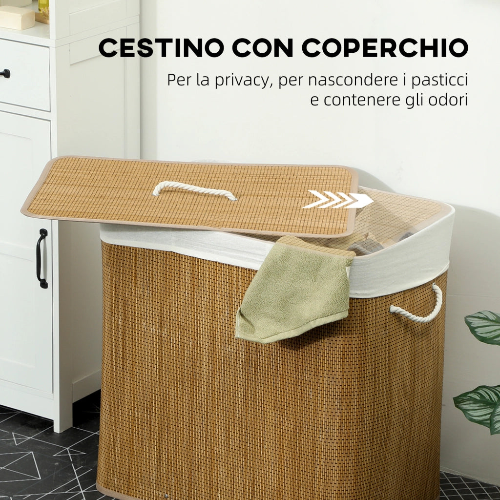 Cesto Portabiancheria 60x40x60 cm con Coperchio 3 Scomparti 144L con Sacca Removibile e Lavabile in Bambù Marrone