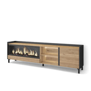 Mobile TV Soggiorno, 212x61x35 cm, Per TV fino a 80", Camino elettrico XXL, Design industriale, LED, Rovere e nero