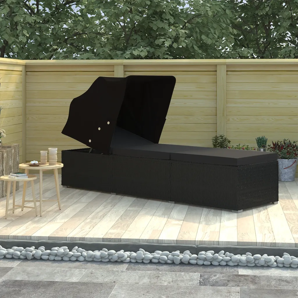 Lettino Prendisole con Tettuccio e Cuscino in Polyrattan Nero 46249