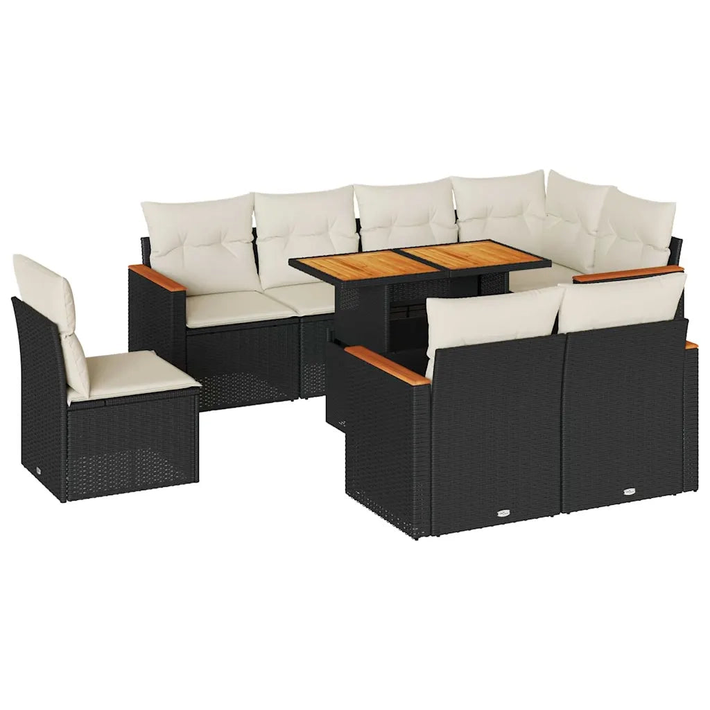 Set Divani da Giardino 9 pz con Cuscini Nero Polyrattan Acacia 3327500