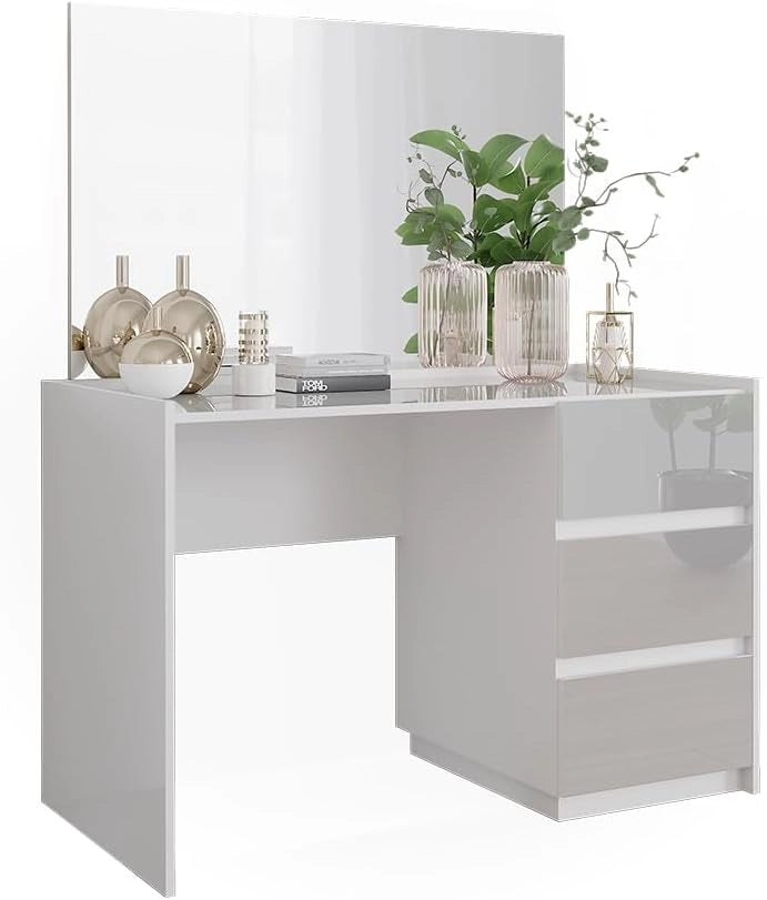 Vicco Tavolo da toilette Marla, Bianco lucido, 120 cm con 3 cassetti e specchio