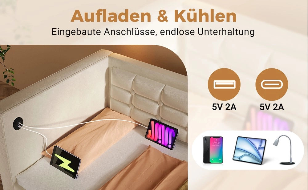 Letto Singolo Imbottito Contenitore ¨C MINIMAL ¨C Velluto Beige 90x200, Idraulico, USB