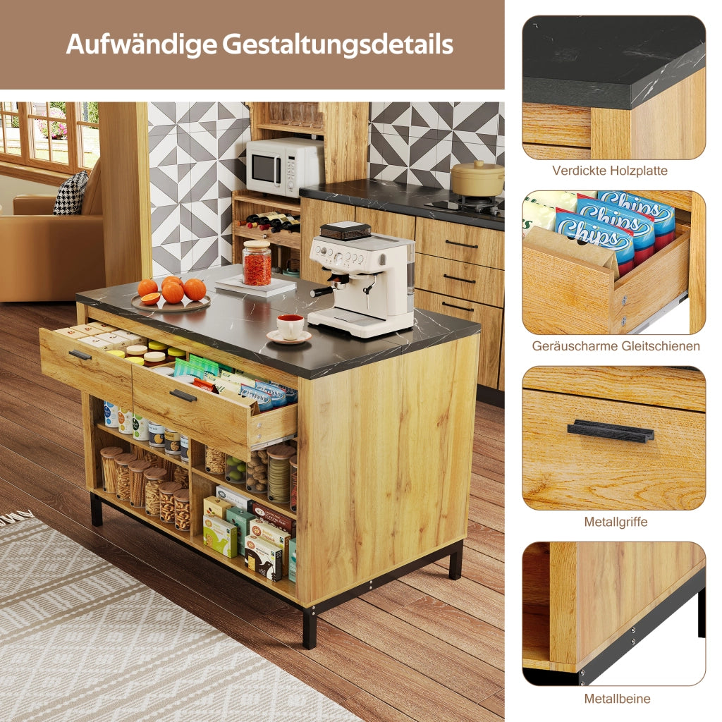 Isola da cucina in stile rustico con 2 cassetti e 4 ripiani aperti, piano effetto marmo nero, per cucina 120 × 75 × 90 cm