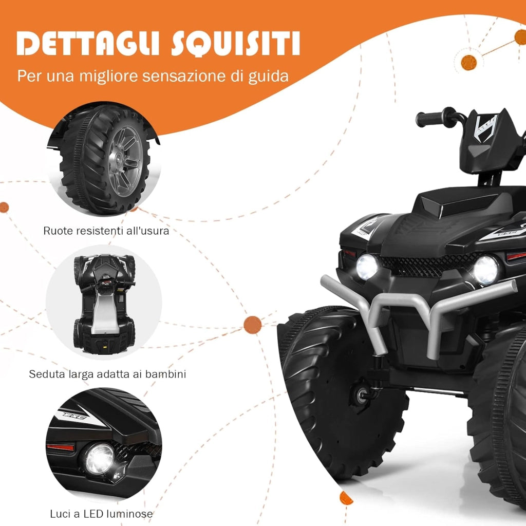 12 V Quad Elettrico per Bambini, Auto Elettrica Cavalcabile con Luci LED e Musica, Velocità Fino a 5km/h, per Bambini 3-7 Anni (Nero)