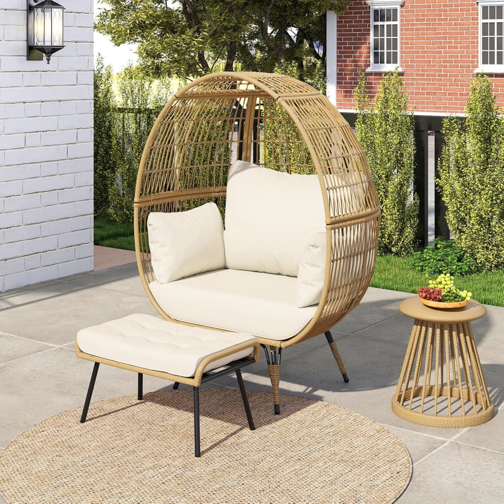 Sedia a Uovo con Poggiapiedi, Set da 2 Pezzi in Rattan con Struttra in Metallo e Cuscini Morbini, Portata 205 kg, Poltrona Relax per Soggiorno, Terrazzo, Giardino e Cortile