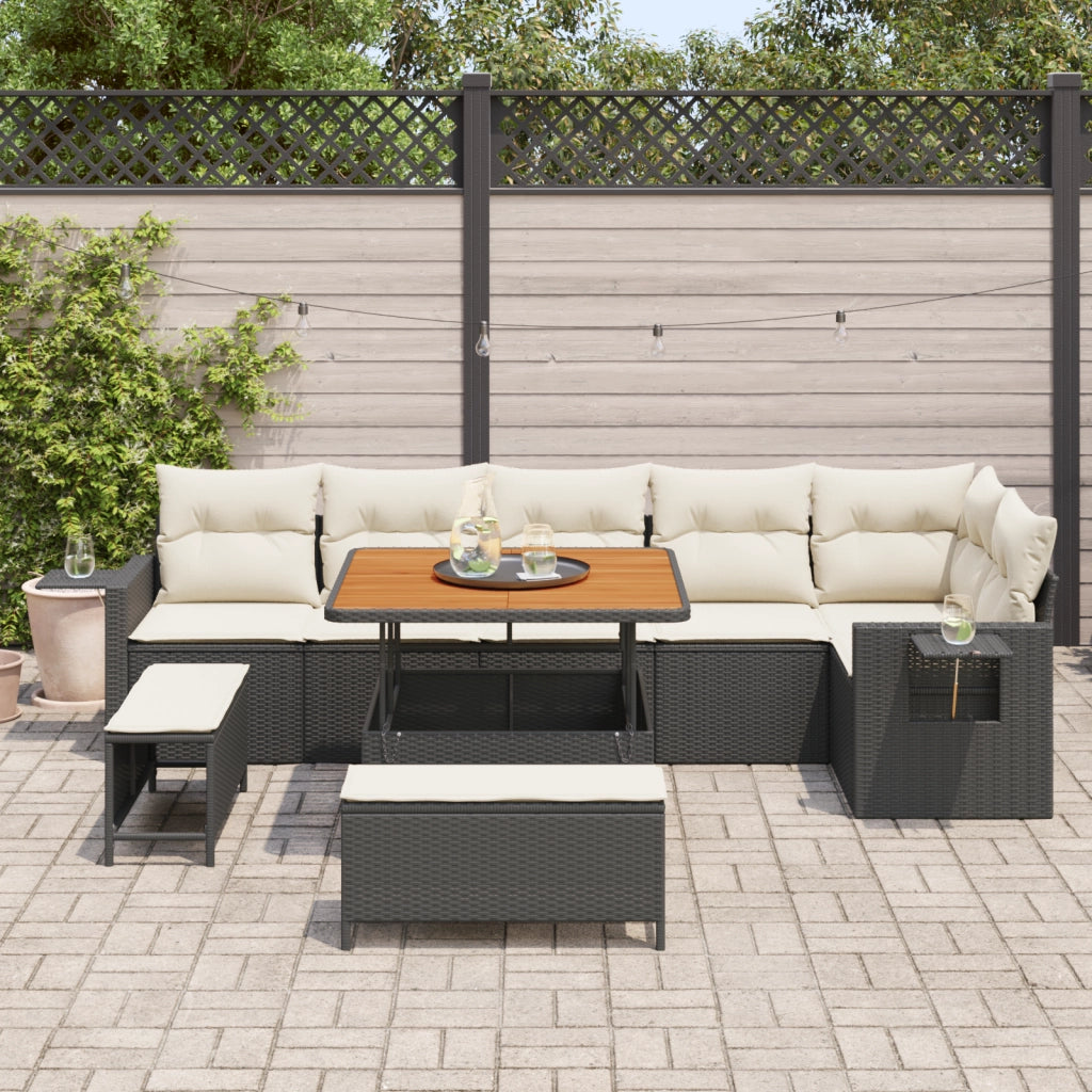 Set divano da giardino 9 pezzi con cuscini Nero Polyrattan Acacia