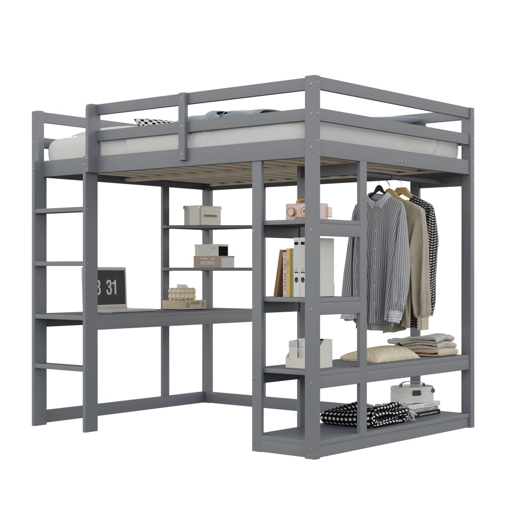 OKWISH Letto a Soppalco 140×200 cm, Letto Matrimoniale con Scrivania, Mensole e Appendiabiti con Aste, senza Materasso, in Legno, Grigio