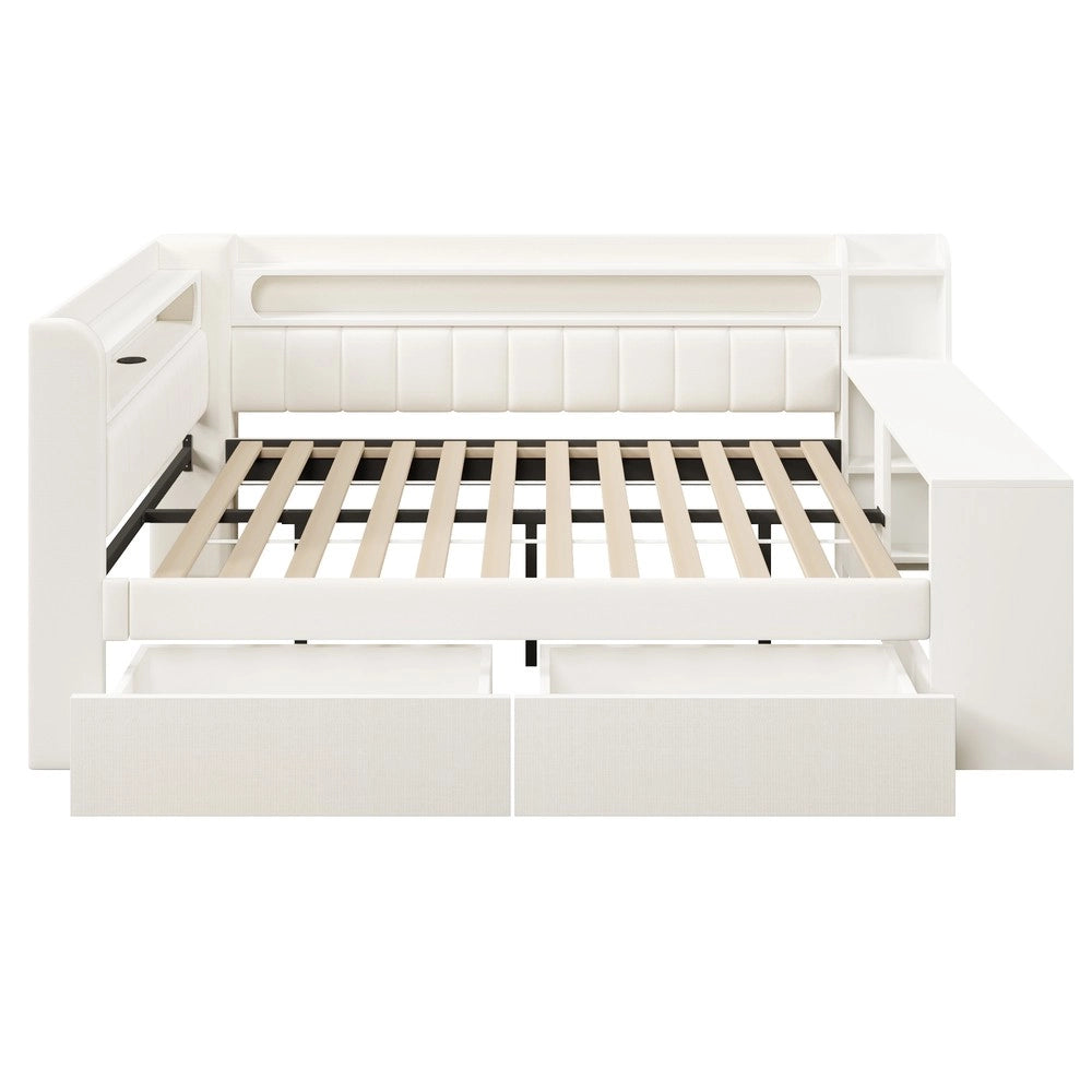 Letto Imbottito con Scrivania e Cassetti, LED e USB ¨C MINIMAL ¨C Bianco 140x200