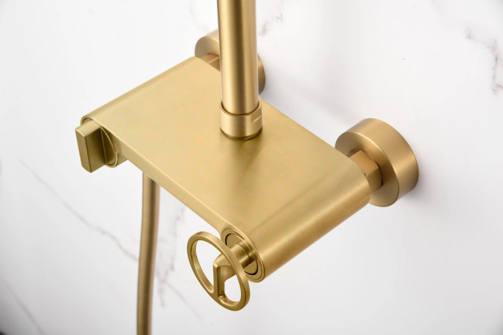 IMEX Set doccia monocomando in ottone e acciaio inox con finitura PVD oro spazzolato asta estensibile soffione extra piatto Ø20 cm anticalcare cartuccia ceramica Ø35 mm tubo PVC 15 m – Imex-BDC03