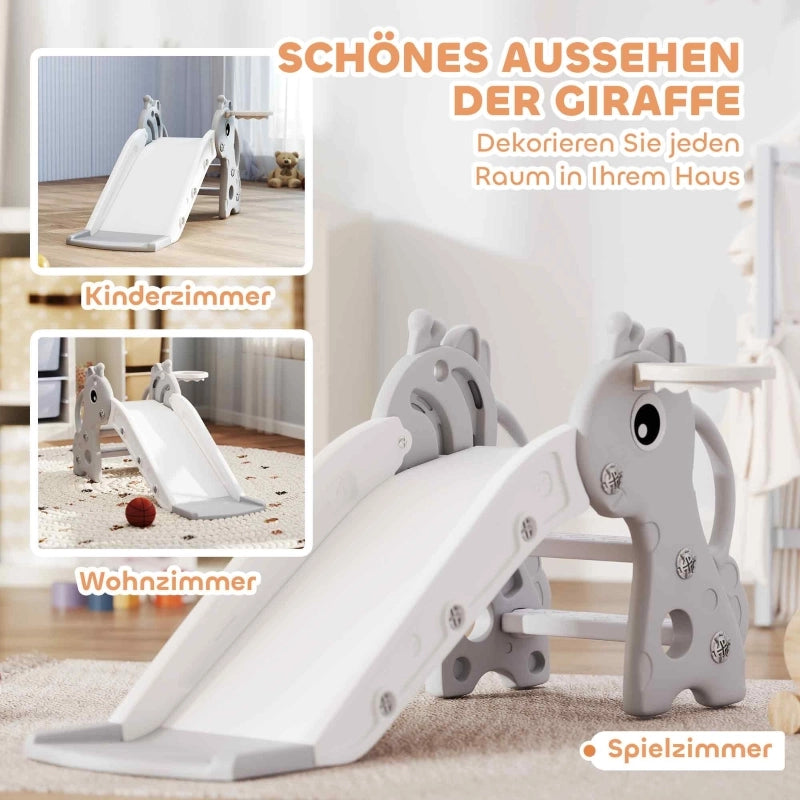 Scivolo 3 in 1 per bambini, a forma di giraffa, con canestro da basket e palla, colore grigio.