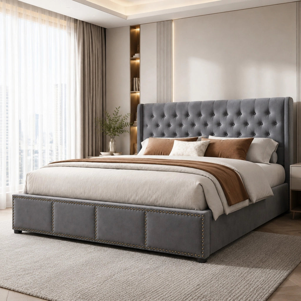 LETTO Imbottito 140x190 cm in Velluto Grigio con contenitore e rete a doghe