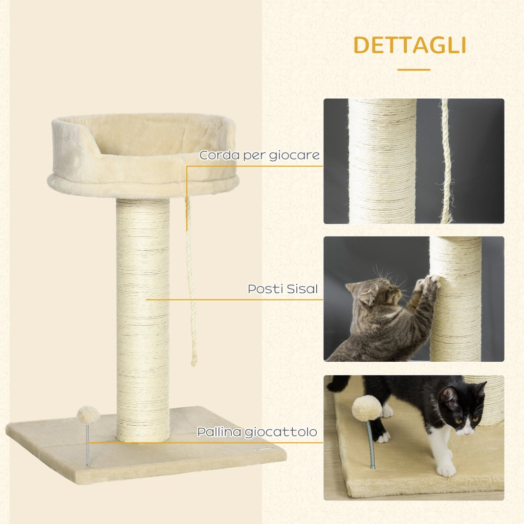 EasyComfort Albero Tiragraffi per Gatti con Lettino e Pallina in Peluche e Palo in Sisal 55x55x83cm Beige