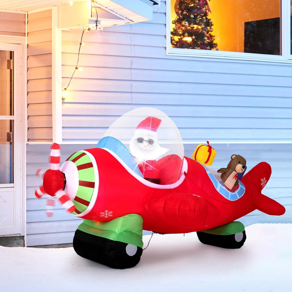 Babbo Natale Gonfiabile su Aereo 120 cm, Decorazione Natalizia da Esterno con Orsetto, Scatole Regalo e Luci LED, Decorazione Gonfiabile Invernale per Festa, per Giardino, Cortile e Casa
