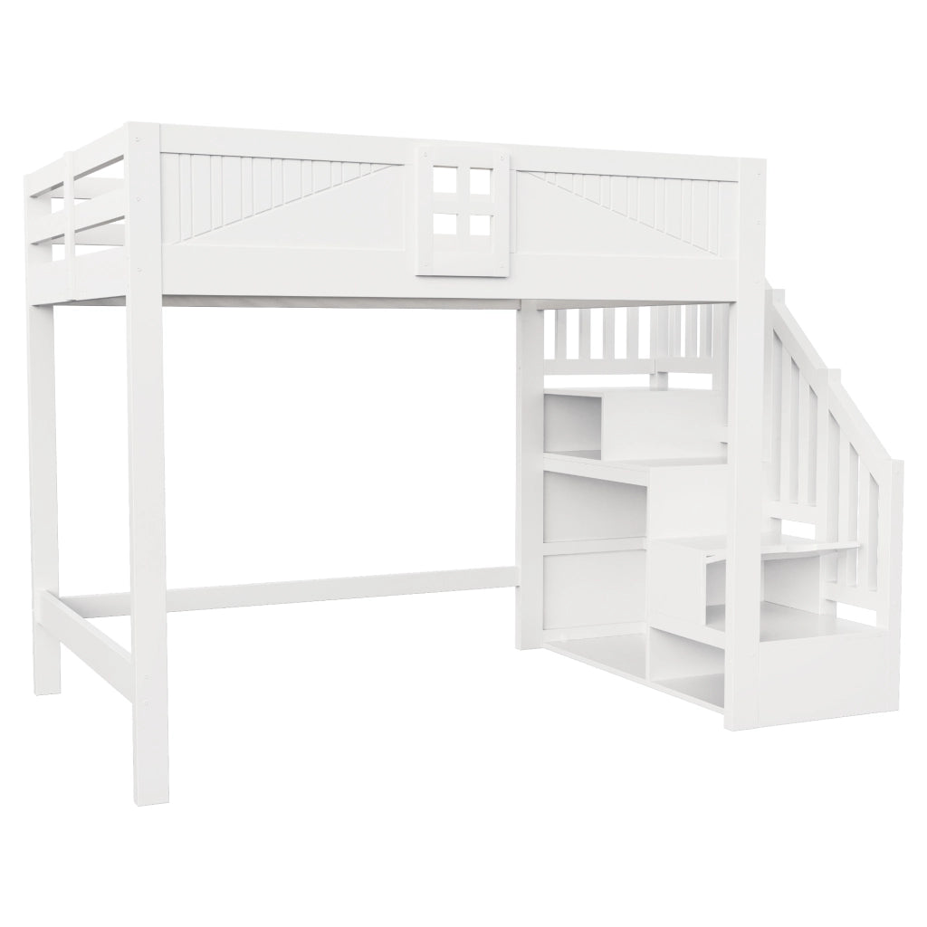 Letto a soppalco 140x200 cm con parapetto a finestra e scala contenitore reversibile; struttura in legno massello; bianco
