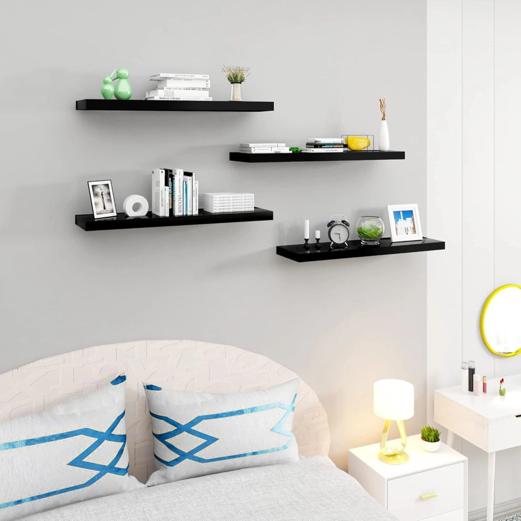 Mensola da Muro, Set di 4, Scaffale Sospeso da Parete Libreria Piccola per Soggiorno Cameretta Porta CD DVD, Pannello MDF 40x22,9x3,8cm, Nero, RG9476sz-4