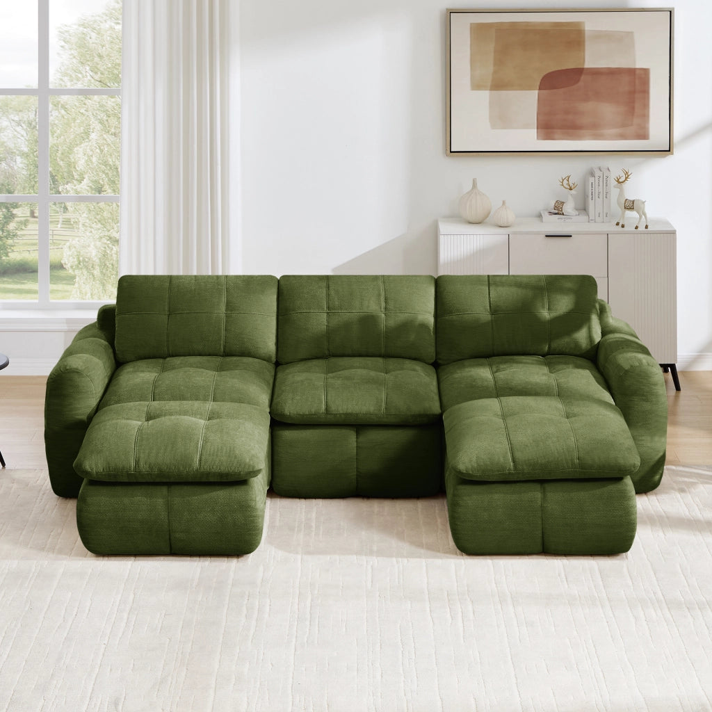 Divano modulare a U senza struttura in chenille con seduta ergonomica e due ottomani verde 264 × 160 × 68 cm