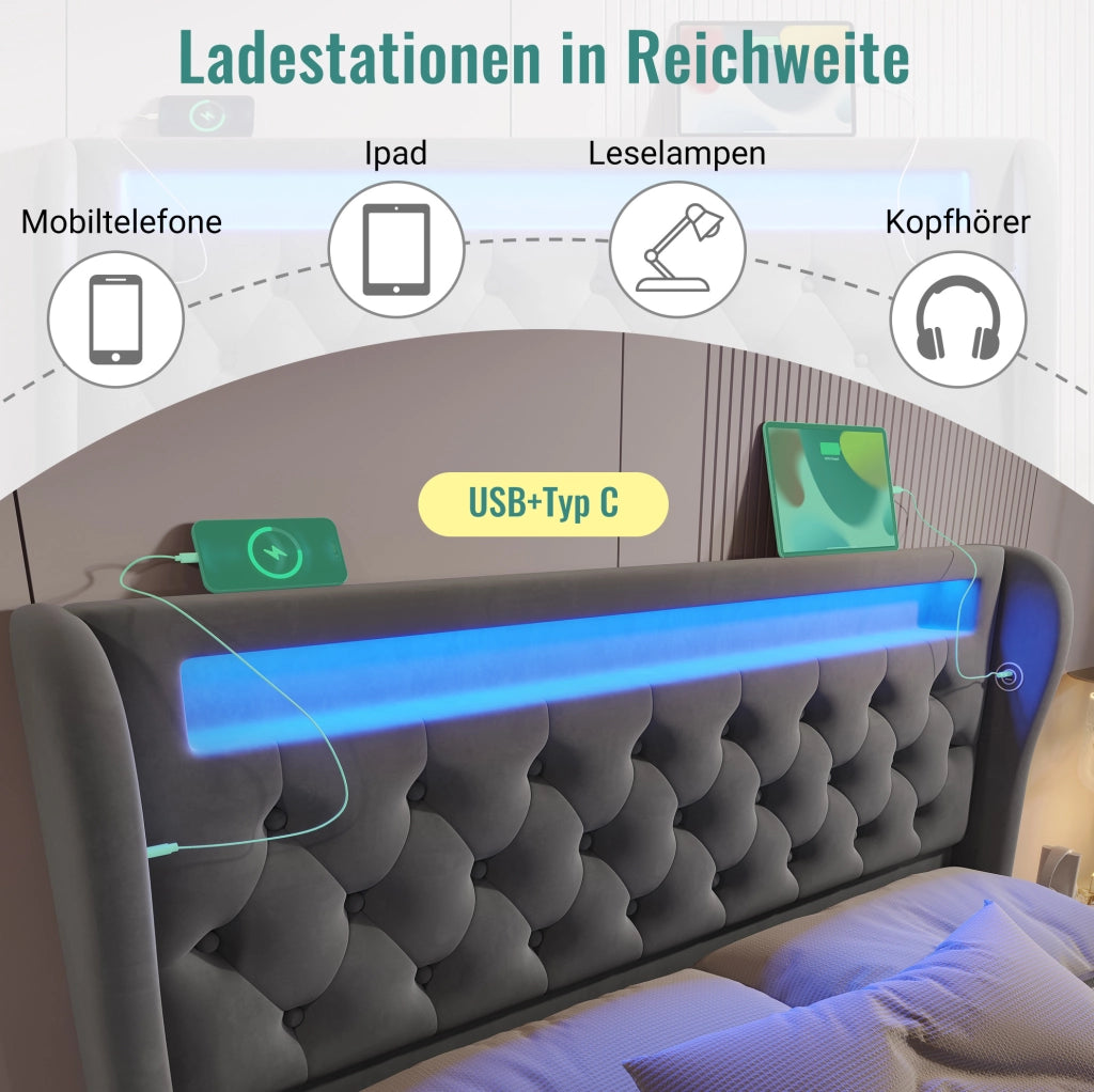 Letto matrimoniale imbottito 160x200 cm in velluto grigio con LED; USB; USB-C e materasso