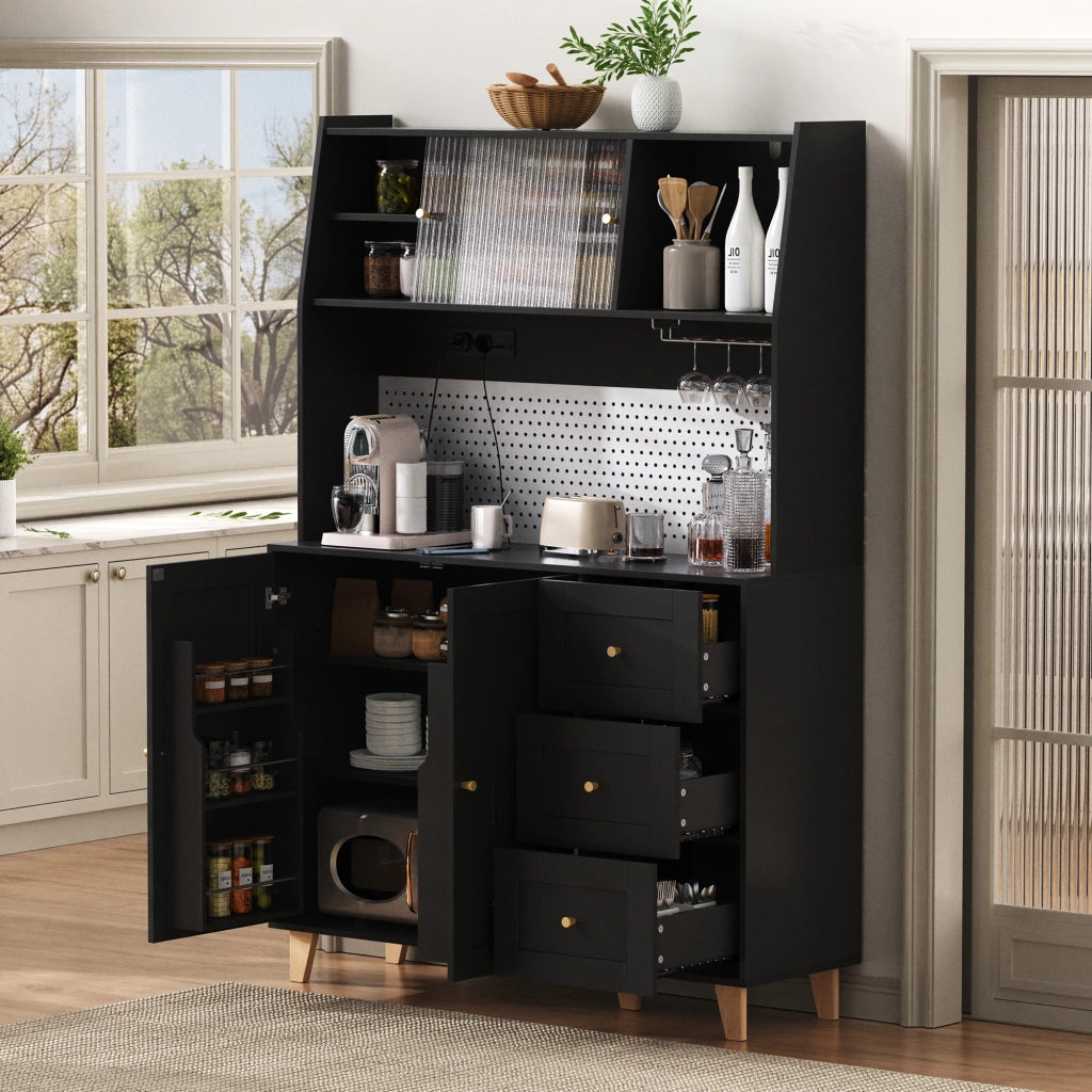 Mobile bar con 3 cassetti ripiani regolabili portabicchieri pannello forato e prese in MDF nero 120 × 40 × 184 cm