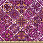 Tessuto Marocchino per metro, Riquadro Rosa Antica, Tessuto preggiato per rivestimenti e accessori per la casa, 1 m (148 x 100 cm), Viola Magenta Giallo Oro.