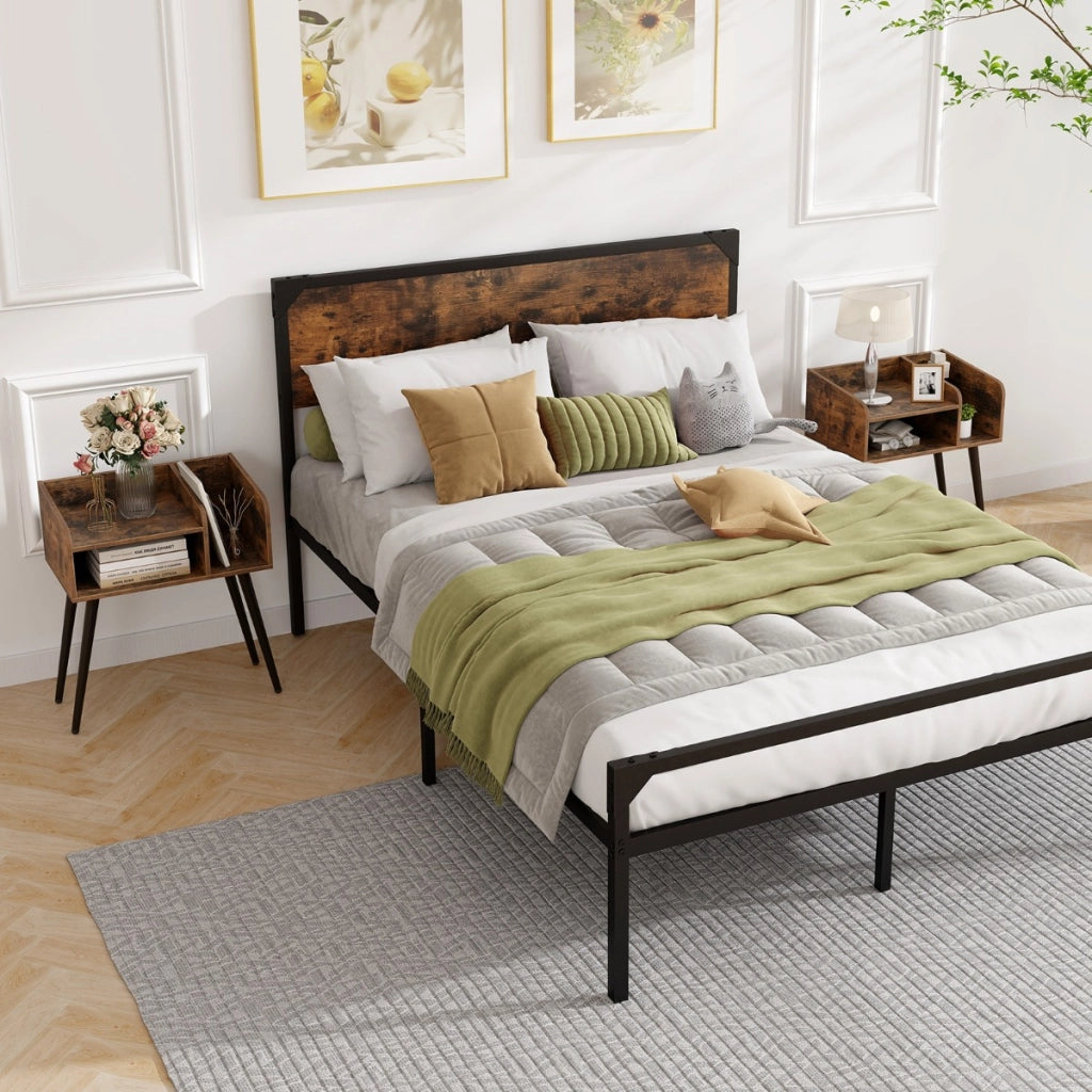 Set di 2 Comodini in stile moderno semplice ma pratico, Tavolini a 2 piani con mensole aperte Marrone rustico + Nero