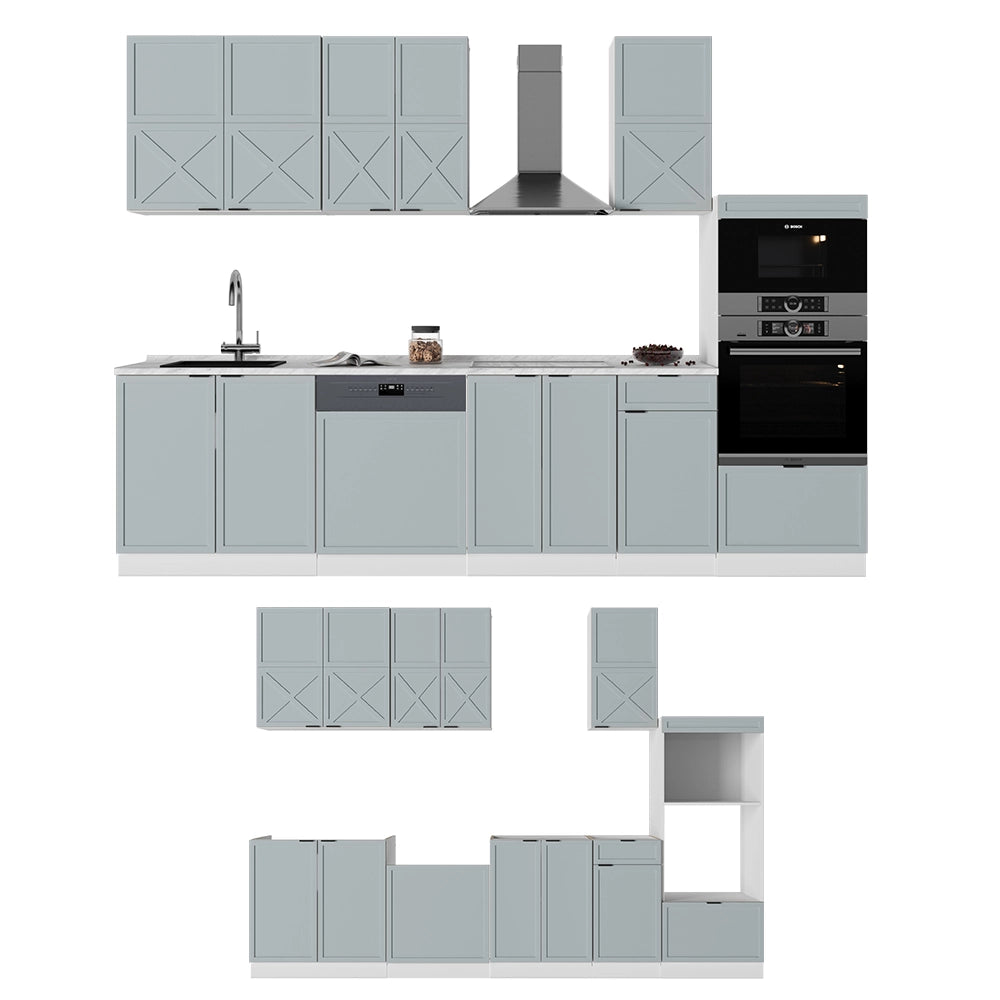 Vicco Cucina componibile Blu-grigio chiaro/bianco 300 cm con armadio alto, PL Rovere