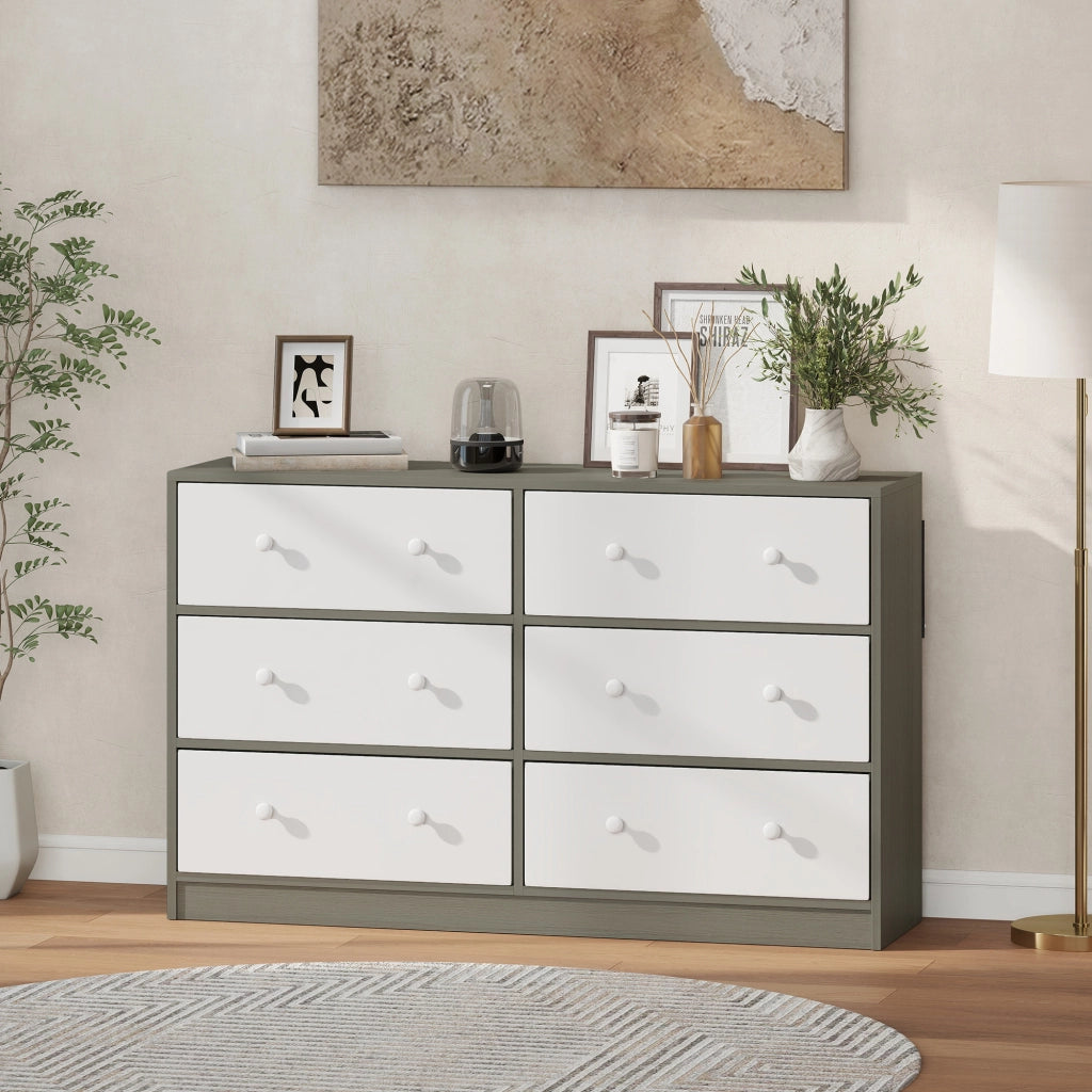 Cassettiera con 6 Cassetti in Tessuto 114x30x70 cm con Maniglie Doppie Struttura in MDF Bianco e Grigio
