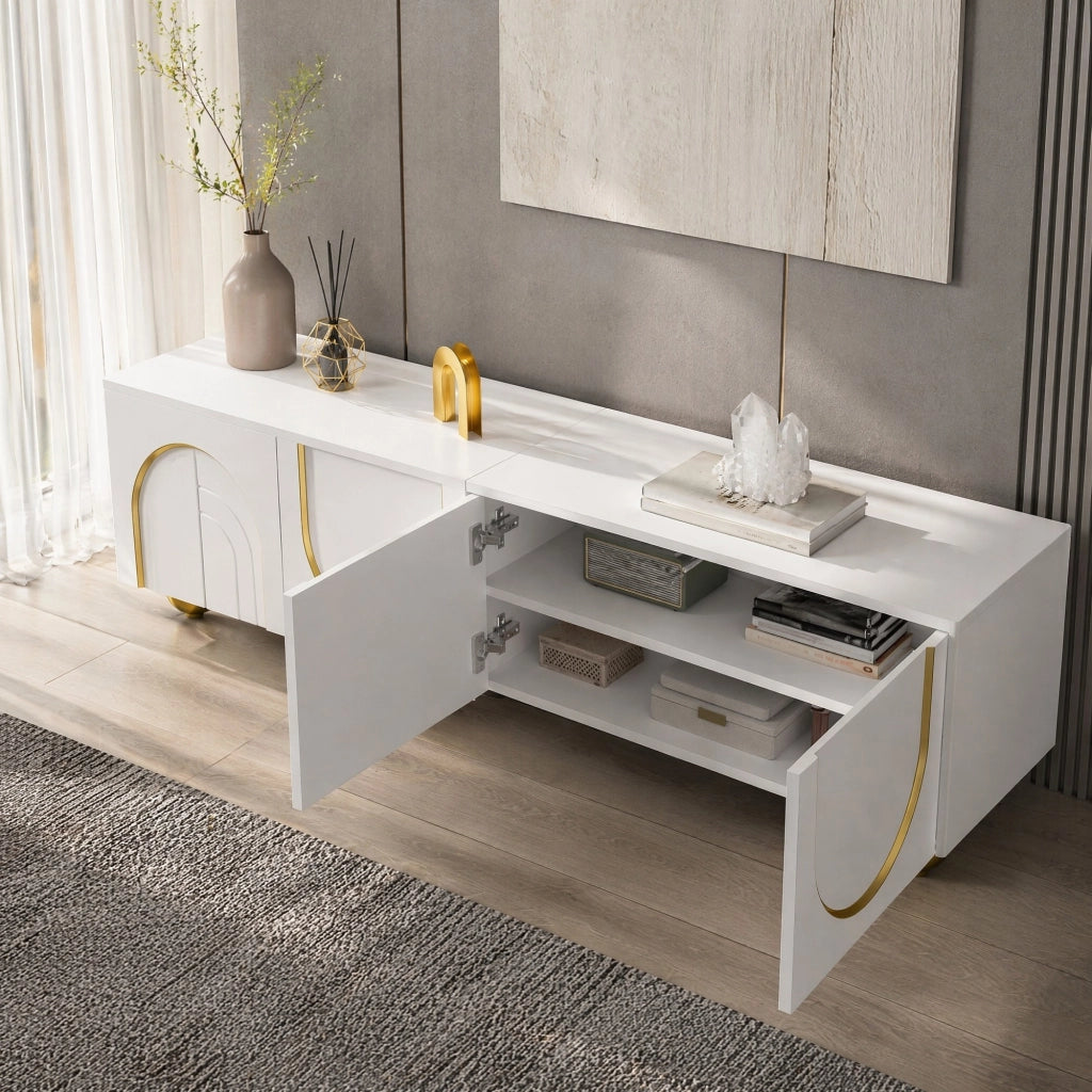Mobile porta TV con 4 ante push-to-open e cerniere ammortizzate in truciolato bianco e oro 170 × 38 × 44 cm