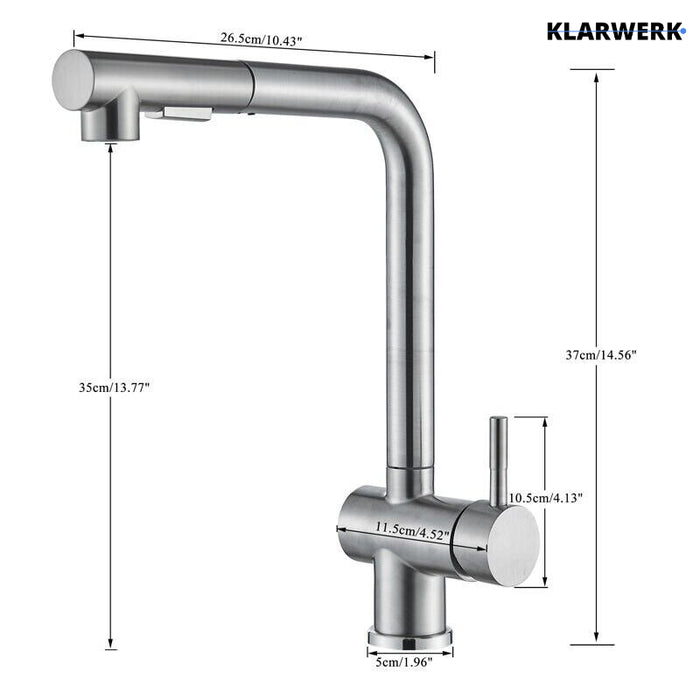 FELICE| Rubinetto da cucina estraibile Premium in acciaio inox argento spazzolato |Miscelatore canna dritta|gastronomia alta pressione 360° 2 attacchi