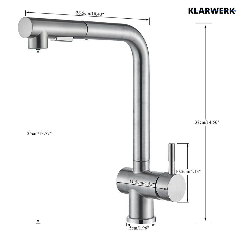 FELICE| Rubinetto da cucina estraibile Premium in acciaio inox argento spazzolato |Miscelatore canna dritta|gastronomia alta pressione 360° 2 attacchi