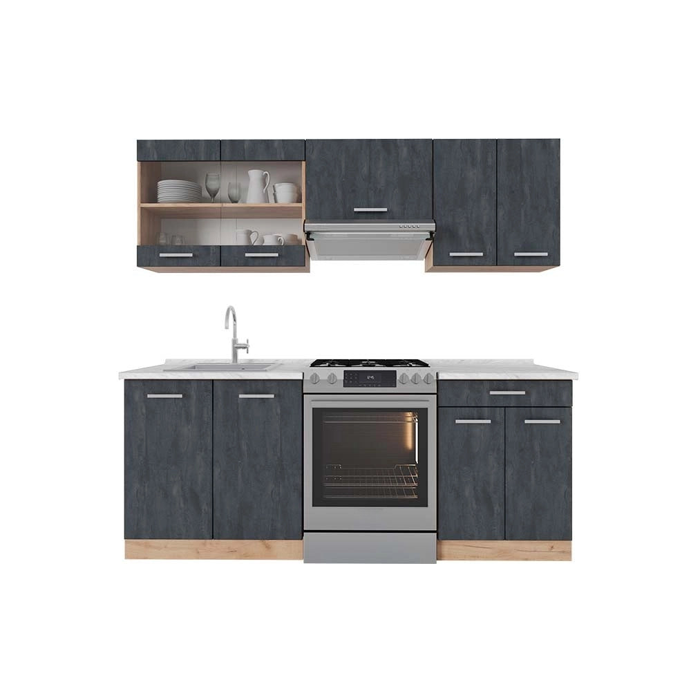 Mobile da cucina R-Line Calce nera/Rovere dorato 200 cm PL Marmo Vicco