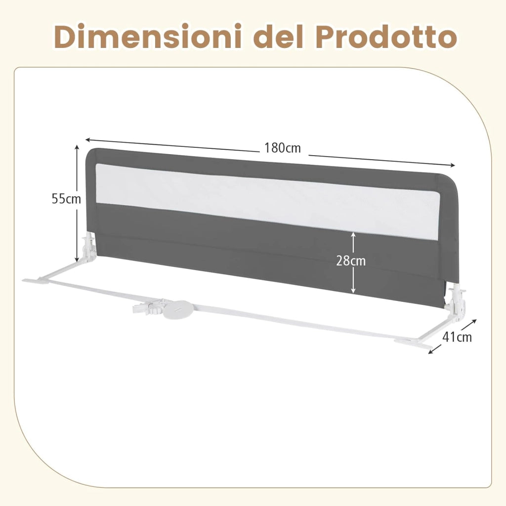 Sponda Letto per Bambini 180 cm, Barriera di Sicurezza per Bambini Pieghevole, Rete Traspirante, Sbarra da Letto per Letti Singoli e Matrimoniali