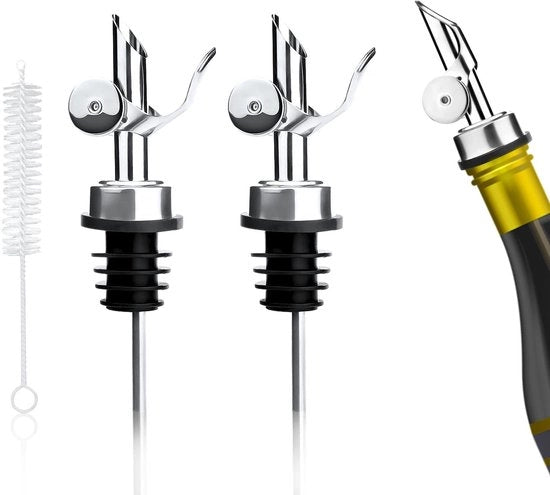 Set di versatore liquori 3 pezzi - Acciaio inossidabile - Versatori chiuso automaticamente - Spazzola per pulizia - 11,5x3cm - Adatto per alcol/aceto - Versatore per bevande