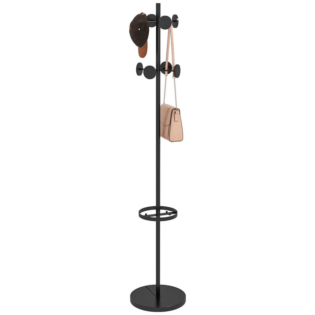 Appendiabiti da Terra con Portaombrelli e 8 Ganci a Disco in Metallo ?34 x 177cm. Nero