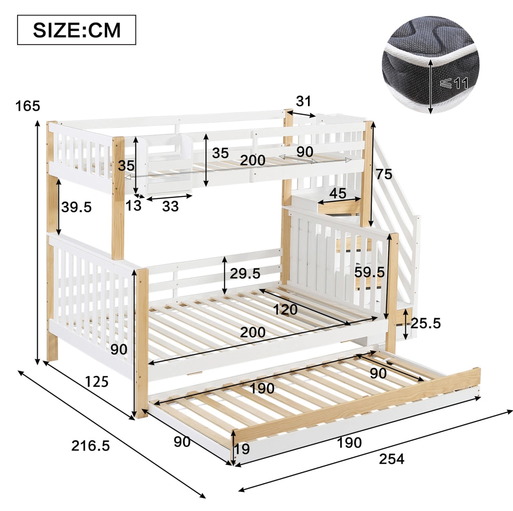 Letto a castello con letto estraibile e scala contenitore; 254x216;5x165 cm; bianco e naturale