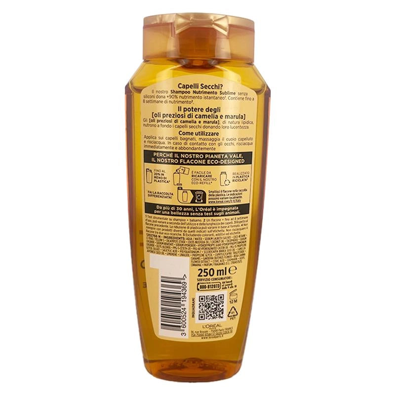 L'OREAL PARIS ELVIVE SHAMPOO NUTRIMENTO SUBLIME OLIO STRAORDINARIO CON OLI DI CAMELIA + MARULA PER CAPELLI SECCHI 250 ML