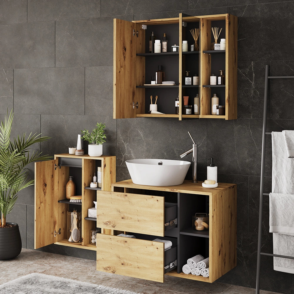 Set di mobili da bagno Viola Rovere artigianale/Grigio 3 parti Vicco