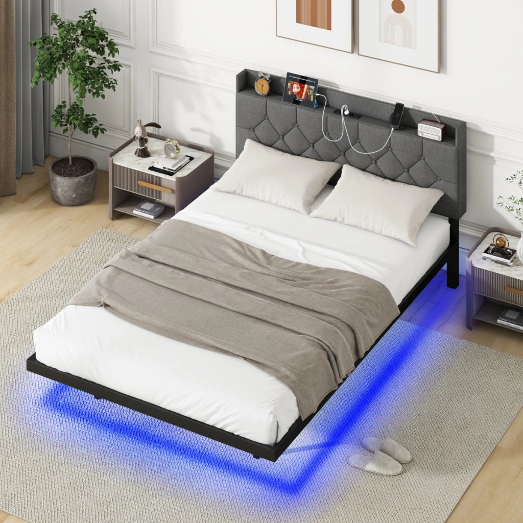 Letto galleggiante con luci LED testiera imbottita regolabile e stazione di ricarica-Giroletto-Base per materasso Grigio 208x144x87cm