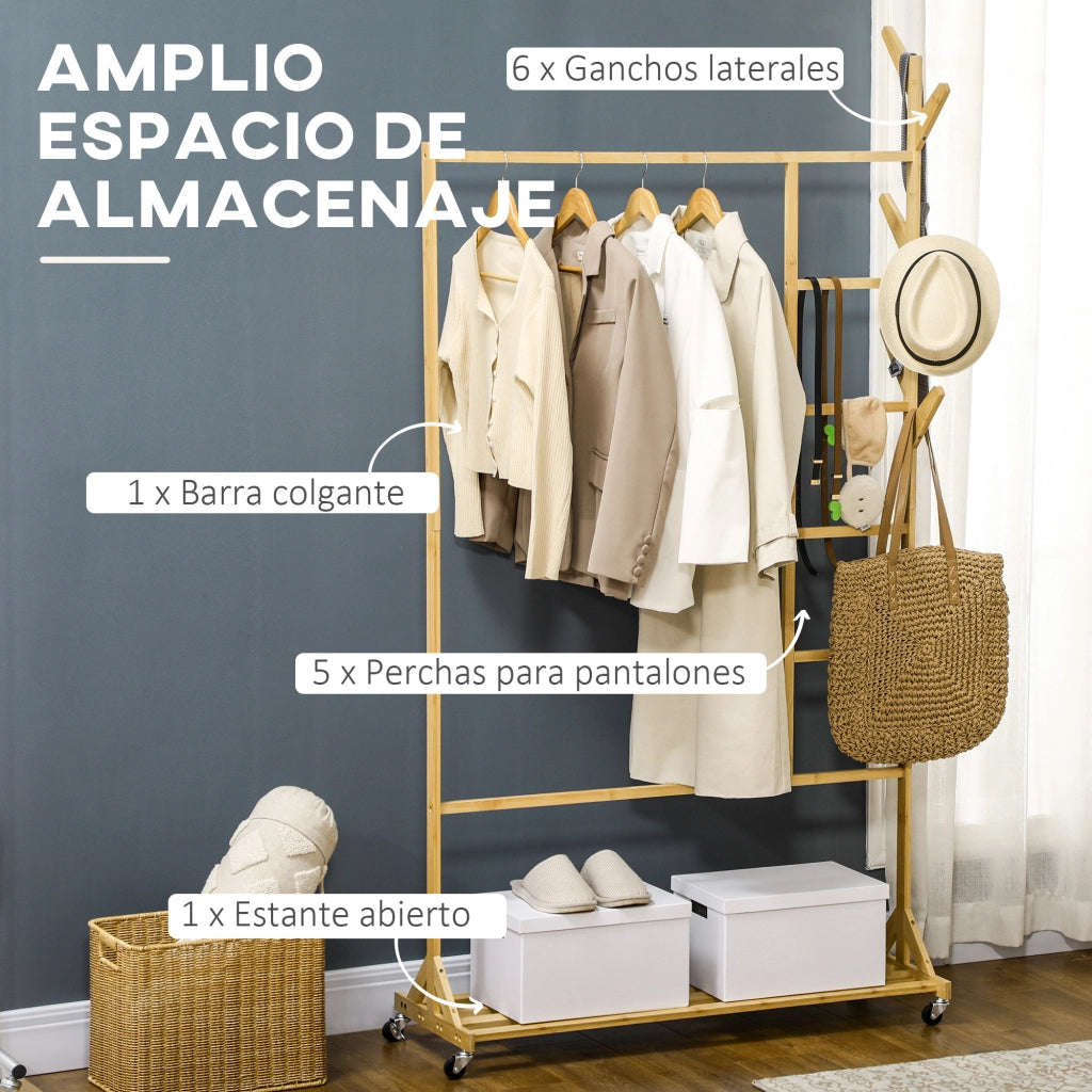 Appendiabiti Multifunzione con Ruote e Ripiano ¨C Zephmum ¨C Legno di Bamb¨´ Naturale 100x37x191 cm