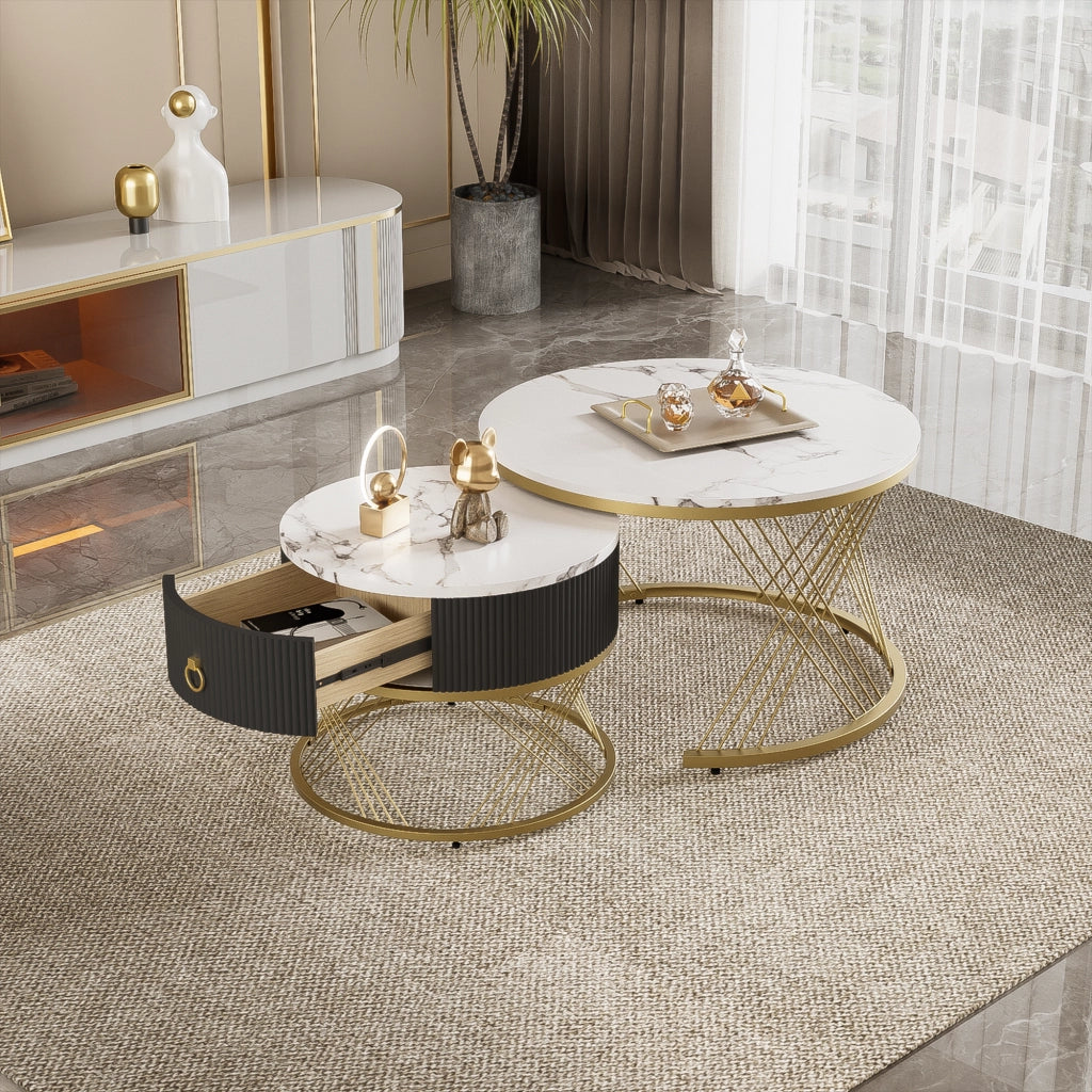 Tavolini da Salotto a Incastro Quadrati con 1 Cassetto; Effetto Marmo; Piedini Metallo Regolabili; in MDF; Bianco; 70×70×45 cm