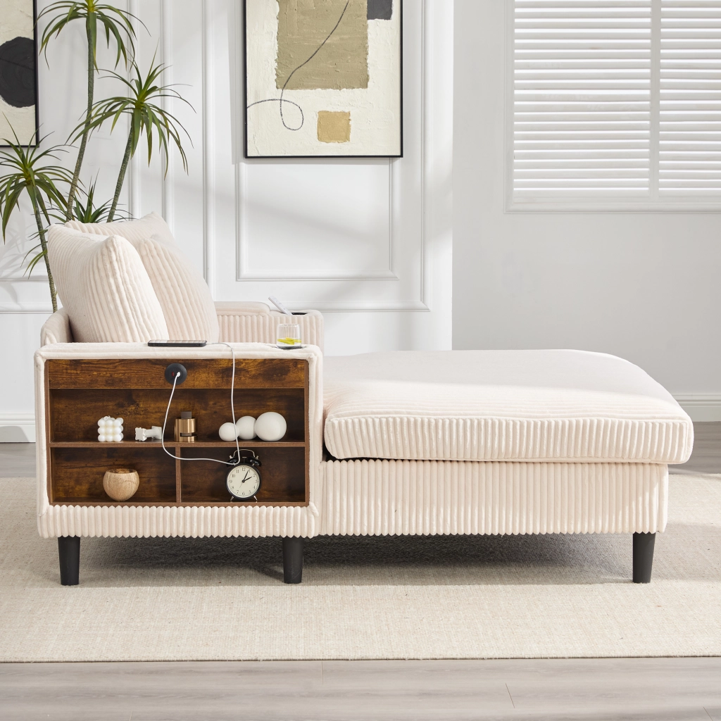 Chaise longue con vano portaoggetti USB LED portabicchieri e cuscini in velluto a coste beige 129 × 170 × 70 cm