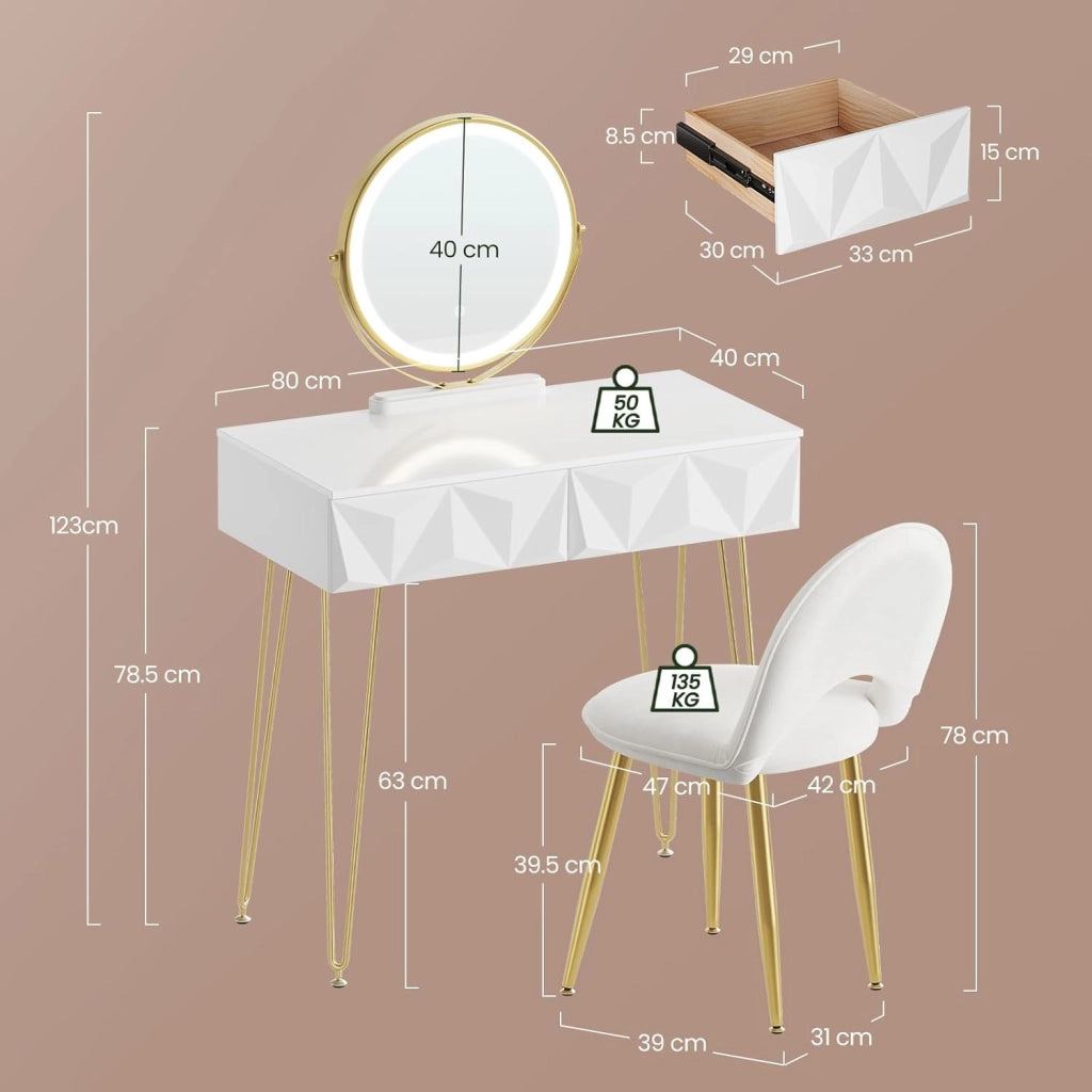EUGAD Toeletta da Trucco con Luci LED, Luminosità Regolabile, Postazione da Trucco con Sedia in Velluto, con 2 Cassetti, Assemblaggio facile, Bianco e Dorato