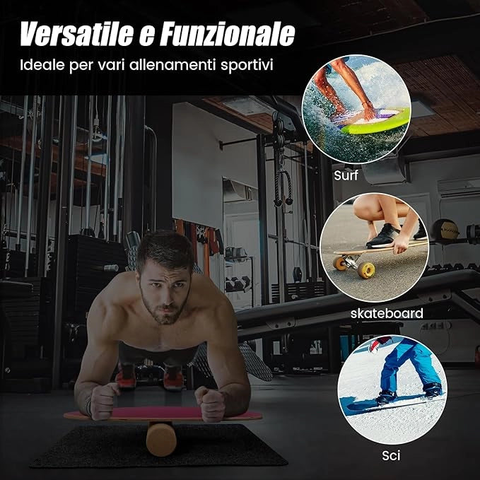 Balance Board in Legno, Tavola di Equilibrio con Rullo e Tappetino per Allenamento Skateboard Hockey Snowboard Surfing, Attrezzi 3 in 1 per Esercizi Equilibrio e Tonificazione Core