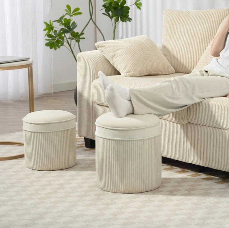 Set di 2 pouf contenitore rotondi crema 36x36x41,5 cm con vano portaoggetti