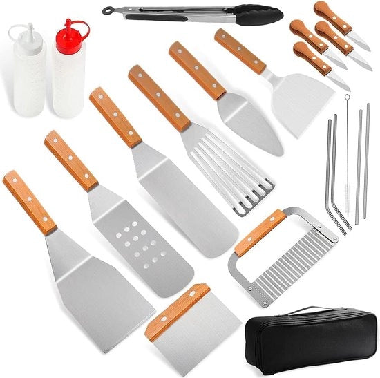 Set di accessori per griglia - set di 20 spatole in acciaio inossidabile con contenitori a vite e borsa per esterno, accessori BBQ professionale per grigliare, teppanyaki, campeggio