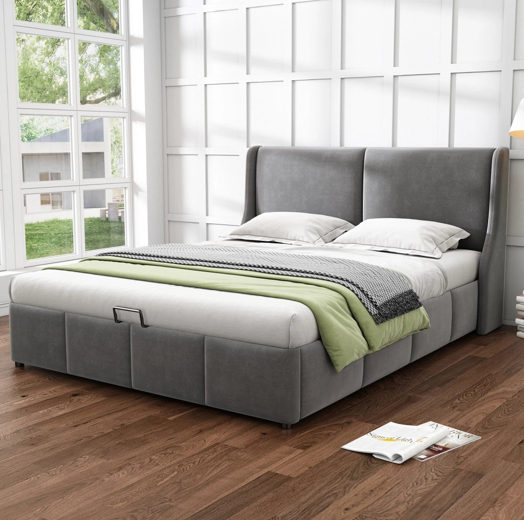 Letto contenitore 140x190 cm; testiera a orecchie; velluto grigio (Senza materasso)