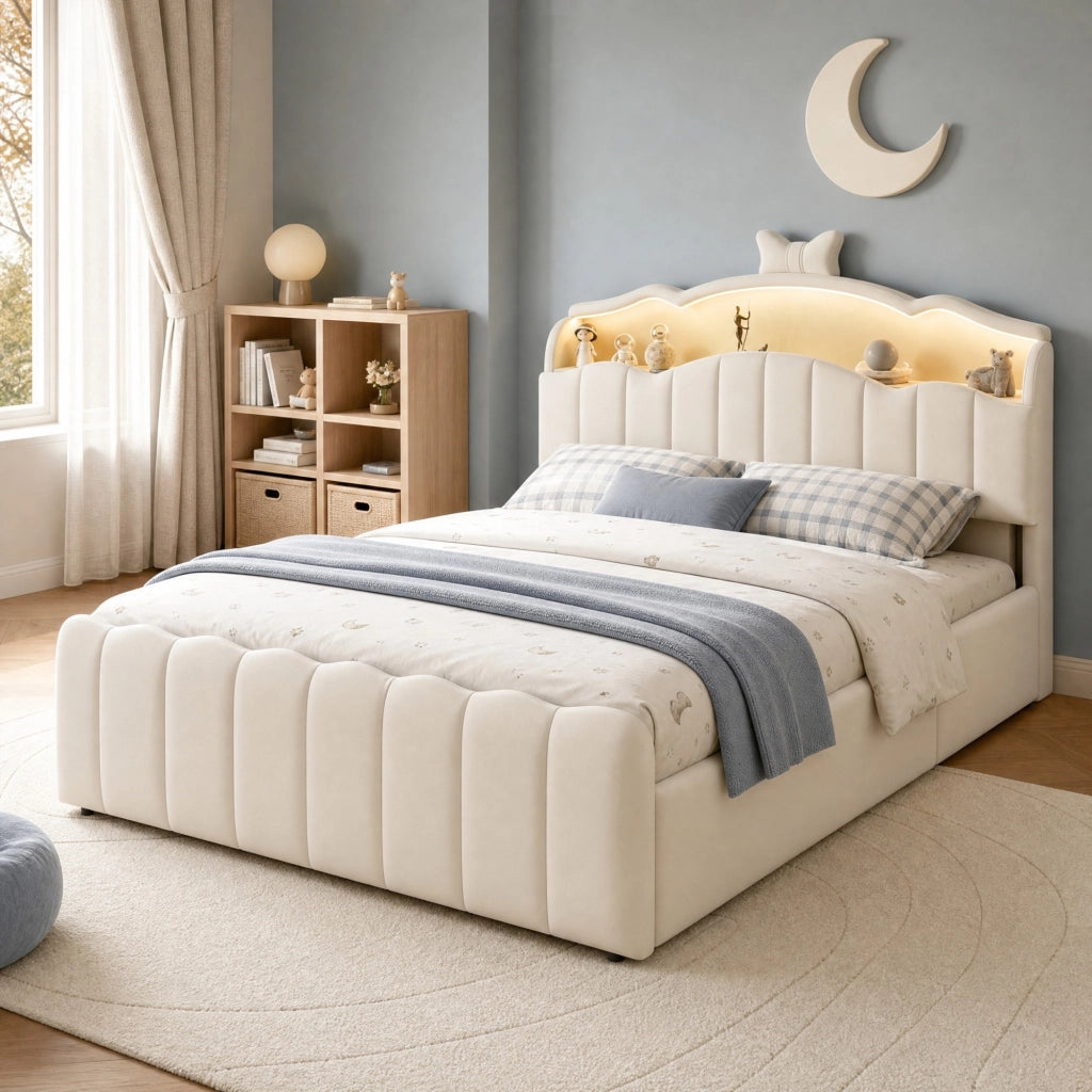 LETTO 140x200 cm imbottito in velluto beige con LED, USB, USB-C e vano contenitore