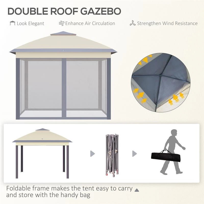 GAZEBO PIEGHEVOLE CON ZANZARIERA E DOPPIO TETTUCCIO, 330X330X288CM, BEIGE