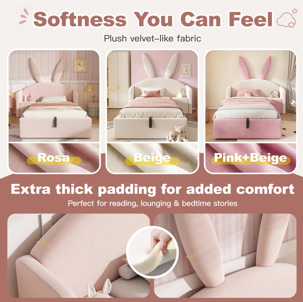 Letto contenitore 90x200 cm in velluto rosa con comodino contenitore